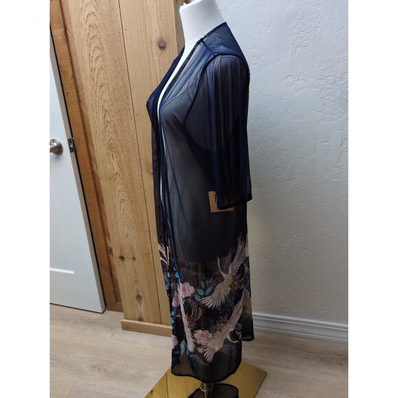 Haute Project Women’s Cover Up Maxi Blue Mesh Japanese Cranes Short Sleeve Small - Picture 5 of 8